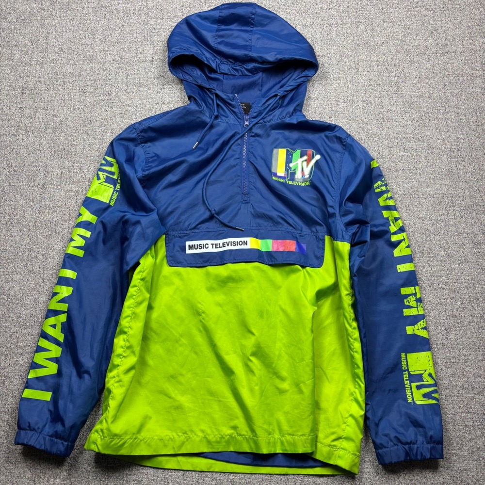 MTV Music Television Windbreaker Mens Medium‎ Blue Quarter Zip Anorak Jacket